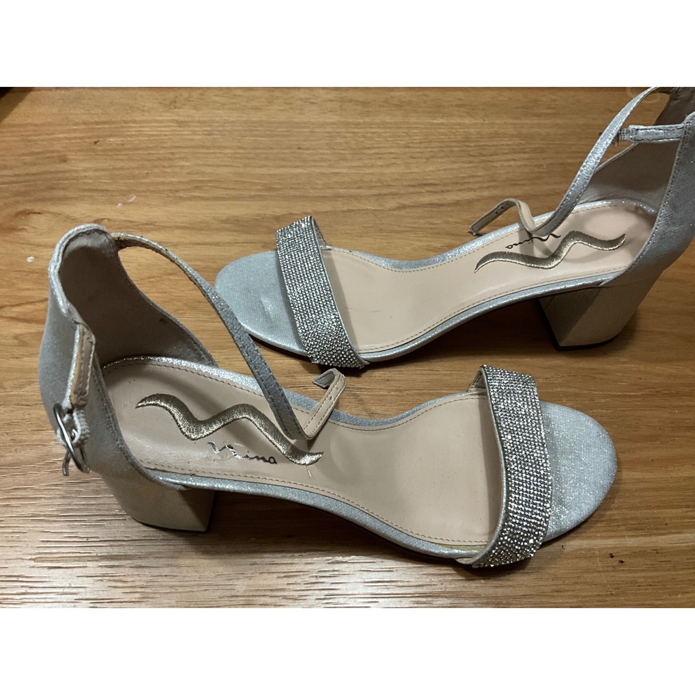 Nina Womens Silver Metallic Rhinestone Block Heel Sandals Size 10M Ankle Strap